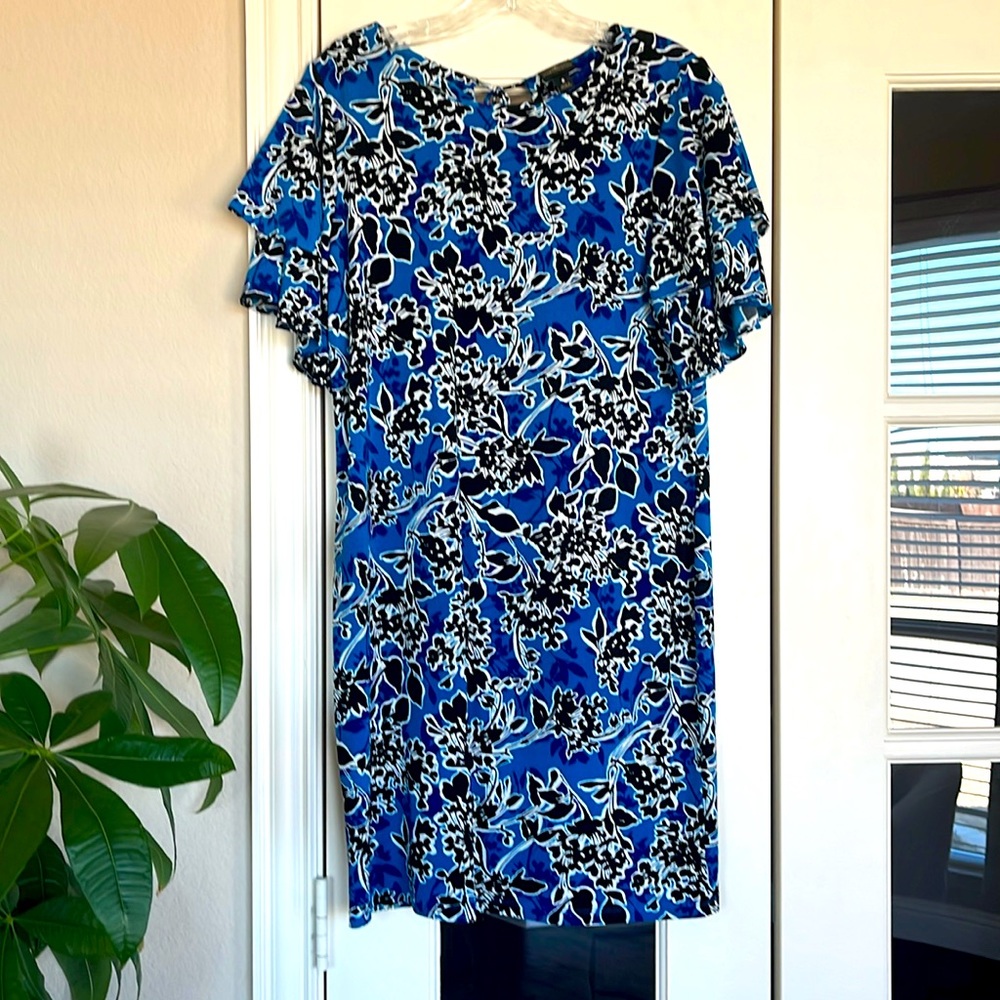 Worthington blue floral ruffle sleeve shift dress, Size 6